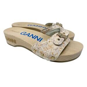 NWOB Dr. Scholl’s x Ganni Tan/Cream Original Clog Slide Sandal w Wooden Heel 5